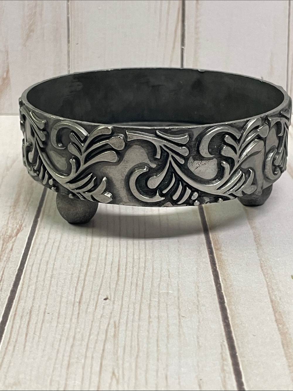 Decorative Silver-Tone Footed Jar Candle Holder Ornate Scroll Design